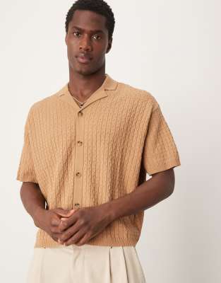 ASOS DESIGN oversized lightweight knitted shirt with cable knit in brown