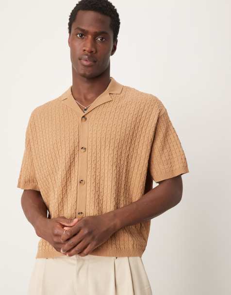 ASOS DESIGN oversized lightweight knitted shirt with cable knit in brown - view 1