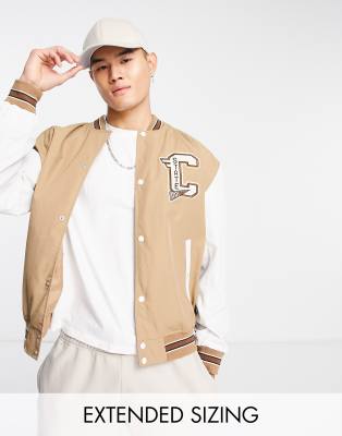 ASOS DESIGN oversized lightweight nylon varsity bomber jacket in beige with contrast sleeves - ASOS Price Checker