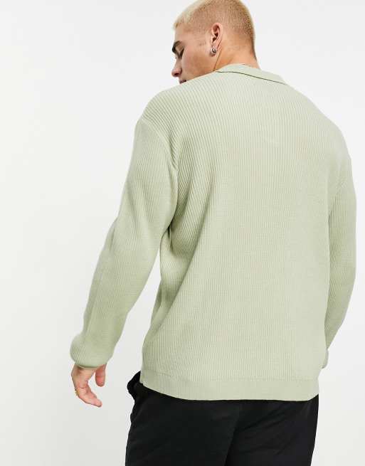 ASOS DESIGN oversized lightweight rib sweater with notch neck in sage ...