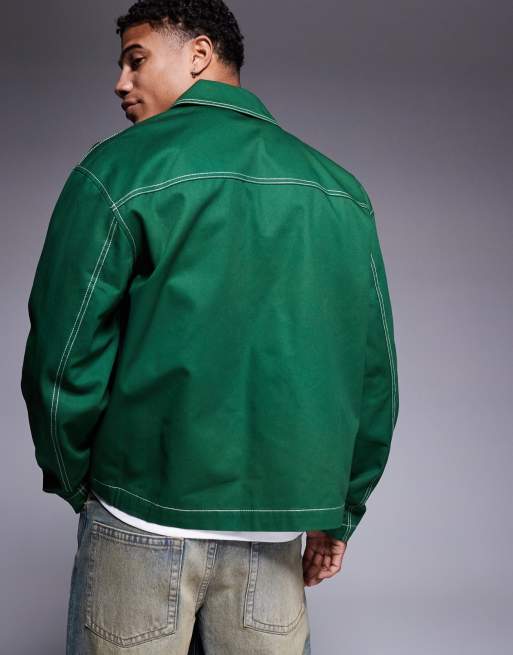 ASOS DESIGN oversized lightweight shacket with contrast stitch in green ...