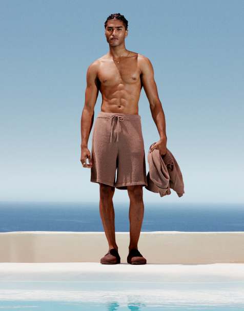 ASOS DESIGN oversized lightweight textured shorts in brown - part of a set - view 1