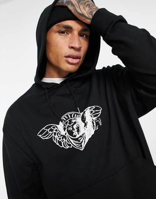 ASOS DESIGN oversized lightweighthoodie in black with cherub front print