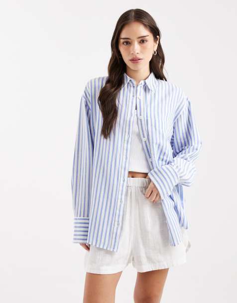 ASOS DESIGN oversized linen-blend shirt in blue stripe - view 1