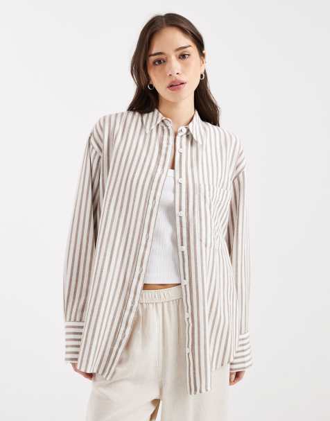 ASOS DESIGN oversized linen-blend shirt in brown stripe - view 1