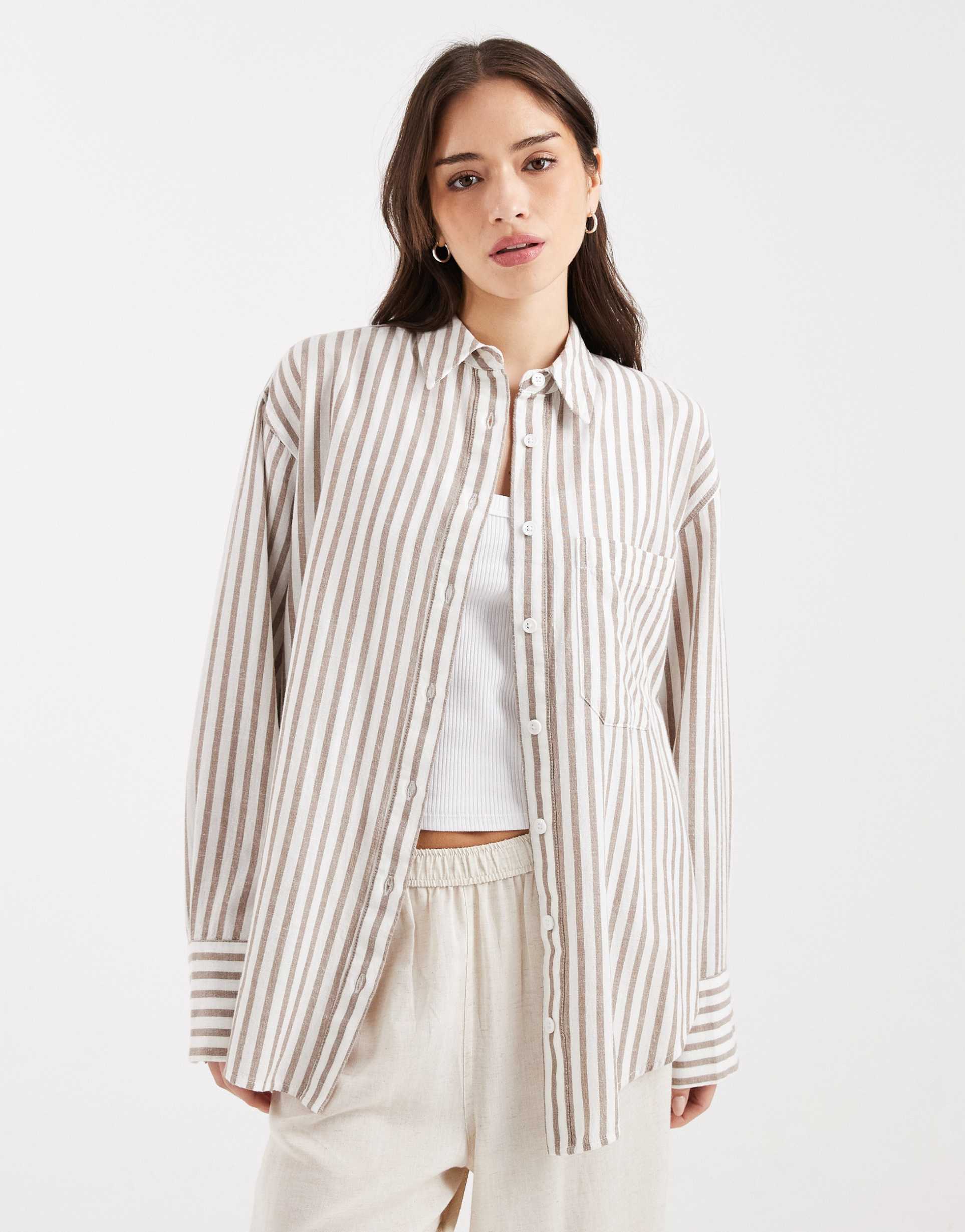 asos design oversized linen blend shirt in brown stripes