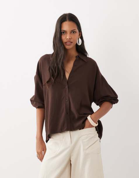 ASOS DESIGN oversized linen blend shirt in in chocoate brown - view 1