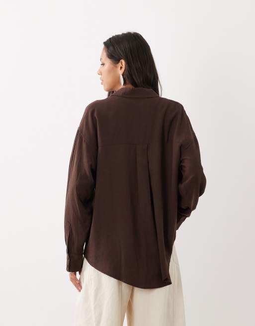 ASOS DESIGN oversized linen blend shirt in in chocoate brown, 4 of 4