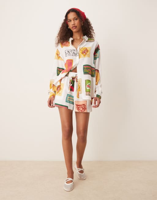 ASOS DESIGN oversized linen blend shirt in matchbox print - part of a set