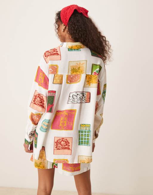 ASOS DESIGN oversized linen blend shirt in matchbox print - part of a set