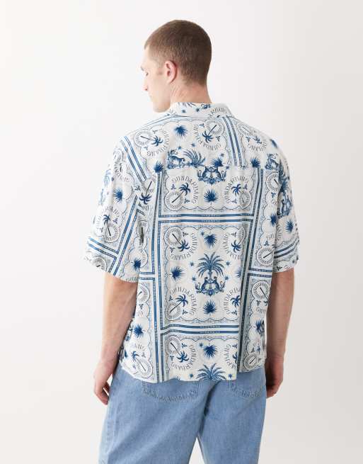 ASOS DESIGN oversized linen blend shirt with tile print in blue, 5 of 5