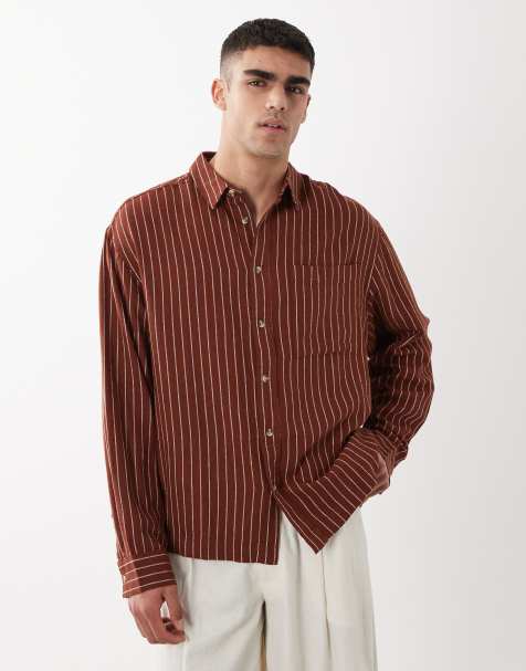 ASOS DESIGN oversized linen blend stripe shirt in brown - view 1