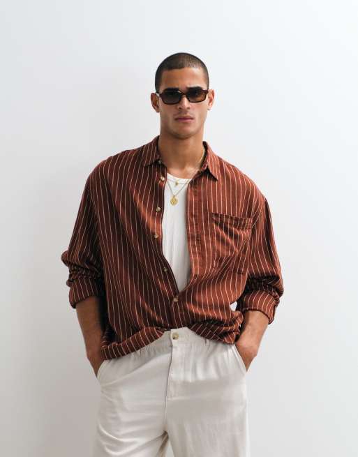 ASOS DESIGN oversized linen blend stripe shirt in brown, 5 of 5