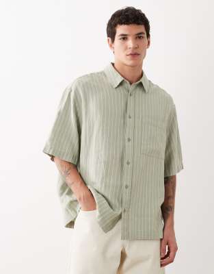 ASOS DESIGN oversized linen blend striped shirt in sage green sage green 9590₽