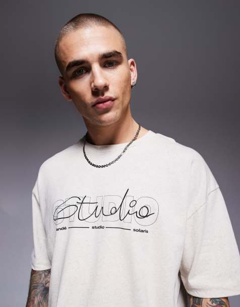 ASOS DESIGN oversized linen blend t-shirt with text graphic in cream - view 1