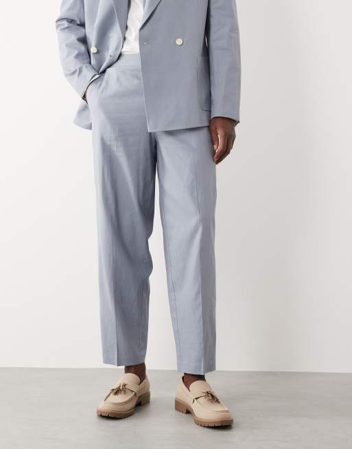 ASOS DESIGN oversized linen-blend tapered suit pants in blue, 2 of 5