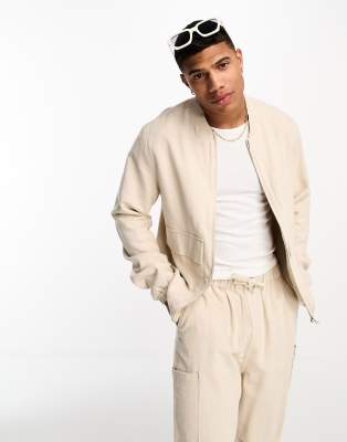 Asos Design Oversized Linen Bomber In Stone - Part Of A Set-neutral In Neutral
