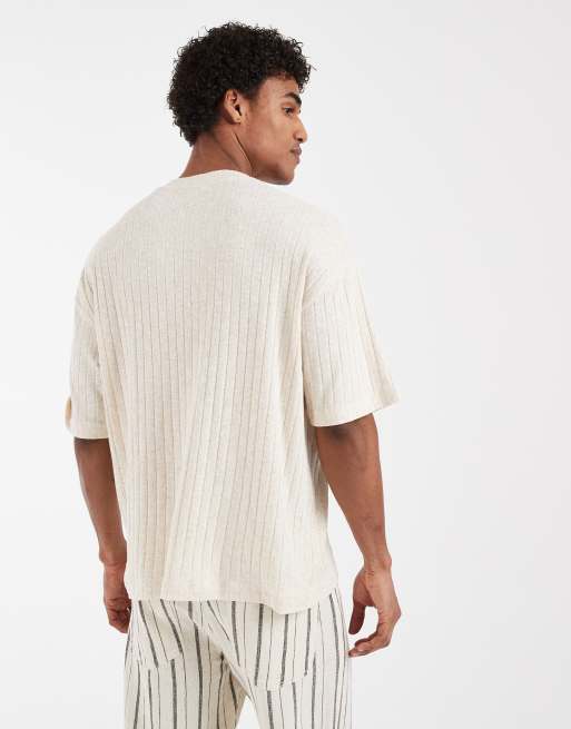 ASOS DESIGN oversized linen look ribbed T-shirt in beige, 3 of 5