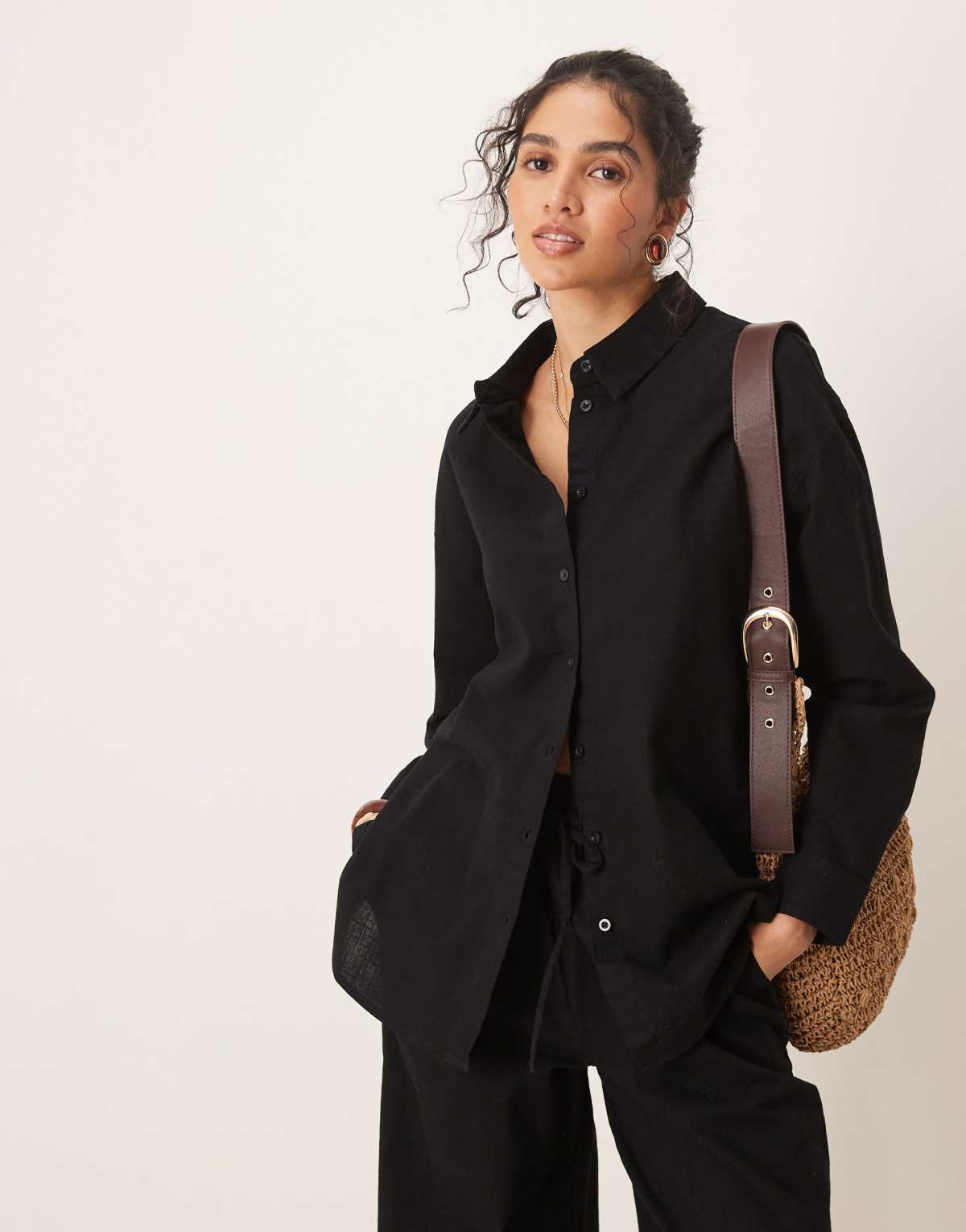ASOS DESIGN oversized linen look shirt co-ord in black