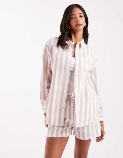 ASOS DESIGN oversized linen look shirt co-ord in mink stripe - view 1