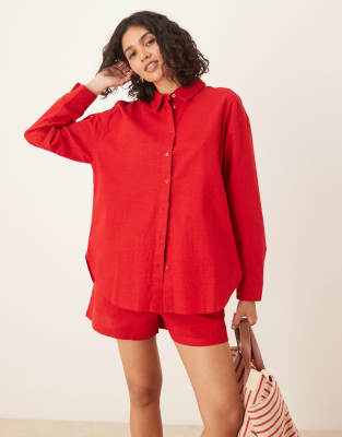 ASOS DESIGN oversized linen look shirt co-ord in red - view 1