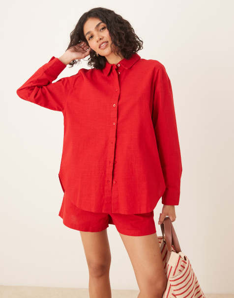 ASOS DESIGN oversized linen look shirt co-ord in red
