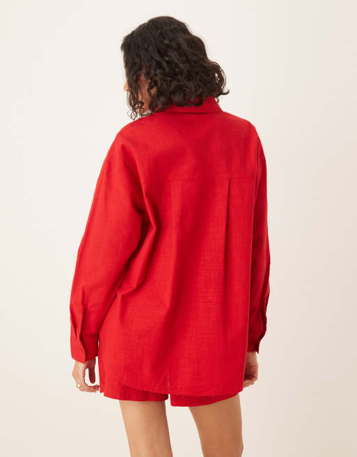 ASOS DESIGN oversized linen look shirt co-ord in red, 2 of 4