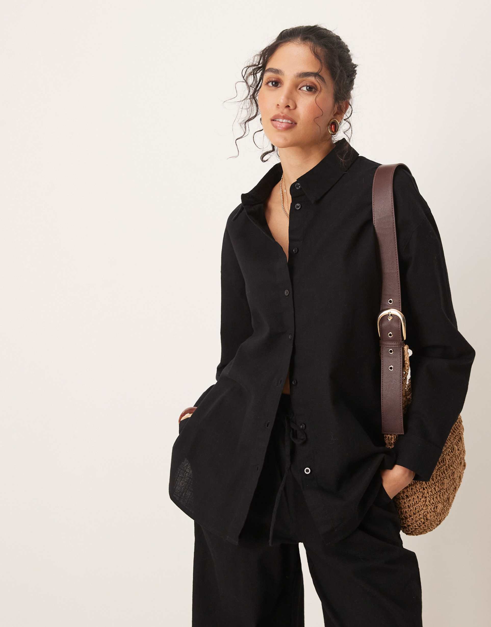 asos design oversized linen look shirt in black - part of a set