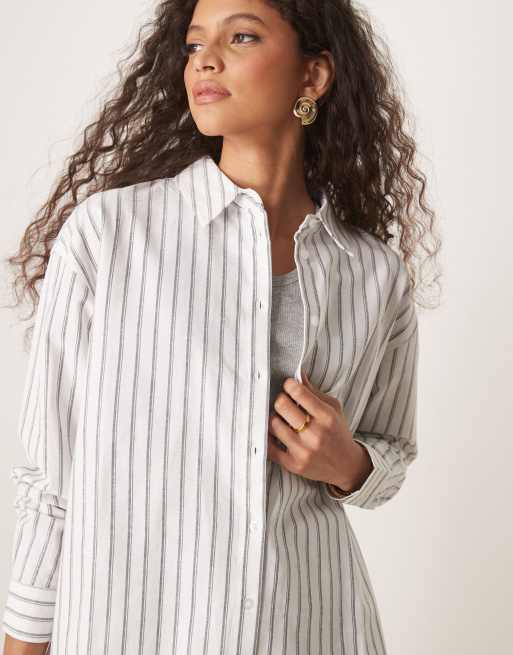ASOS DESIGN oversized linen look shirt in black stripe - part of a set , 4 of 4