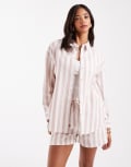 [ASOS DESIGN] ASOS DESIGN oversized linen-look shirt in mink stripe (Part of a set)-Multi XS Mink Stripe