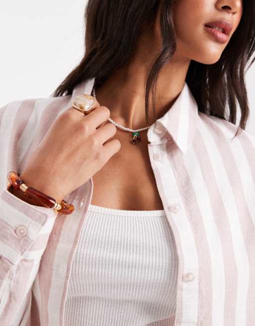 ASOS DESIGN oversized linen-look shirt in mink stripe (Part of a set), 2 of 4