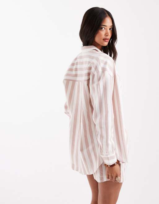 ASOS DESIGN oversized linen-look shirt in mink stripe (Part of a set), 4 of 4