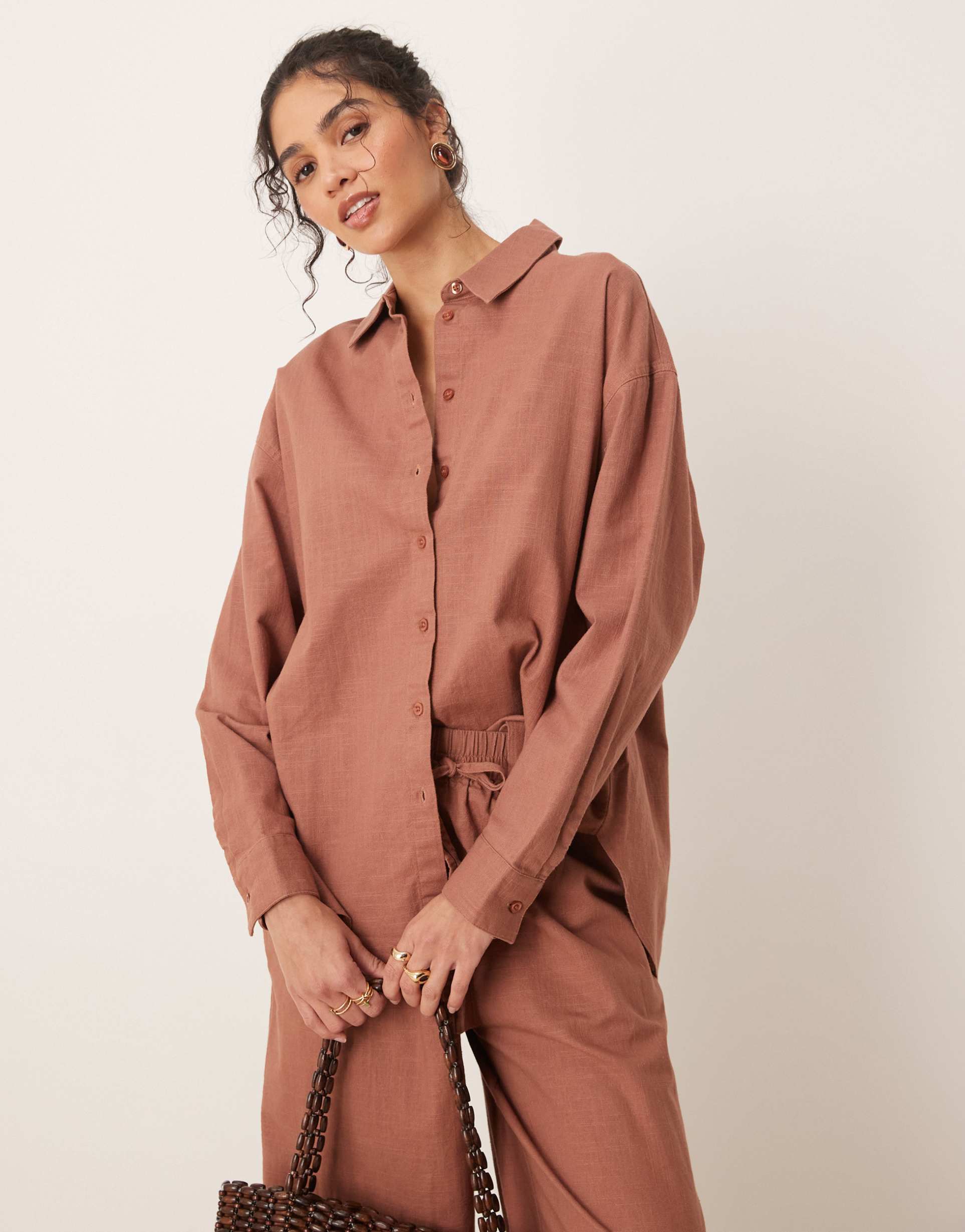 asos design oversized linen look shirt in mocha - part of a set