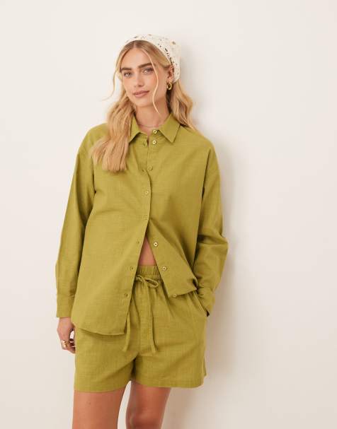 ASOS DESIGN oversized linen look shirt in olive - part of a set - view 1