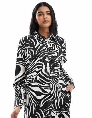 asos design oversized linen look shirt in spliced zebra print - part of a set