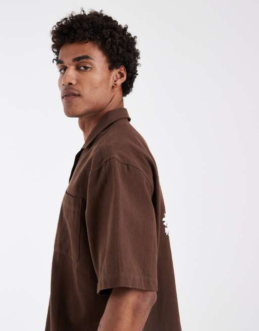 ASOS DESIGN oversized linen look shirt with back print in brown, 4 of 5