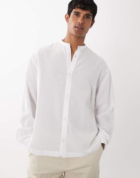 ASOS DESIGN oversized linen look shirt with grandad collar in white - view 1