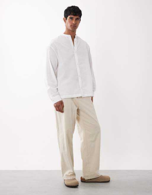 ASOS DESIGN oversized linen look shirt with grandad collar in white, 2 of 5