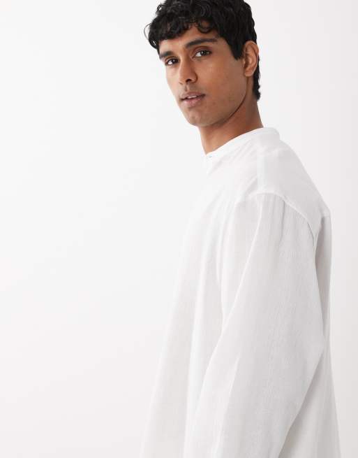 ASOS DESIGN oversized linen look shirt with grandad collar in white, 5 of 5