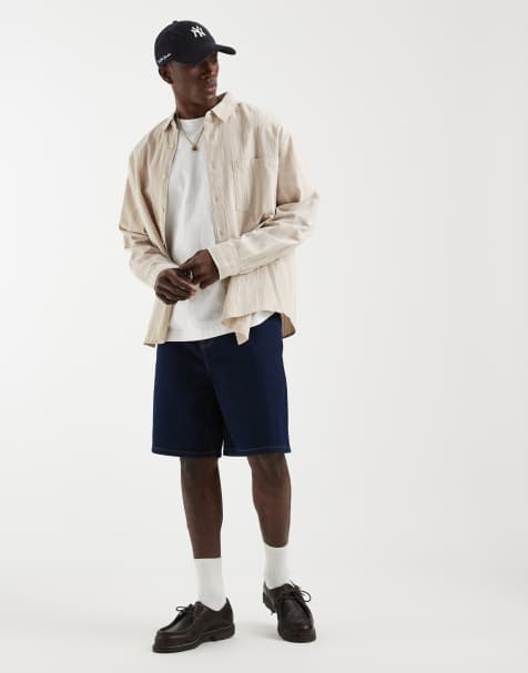 ASOS DESIGN oversized linen look stripe shirt in beige