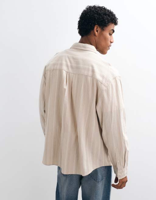 ASOS DESIGN oversized linen look stripe shirt in beige, 4 of 5