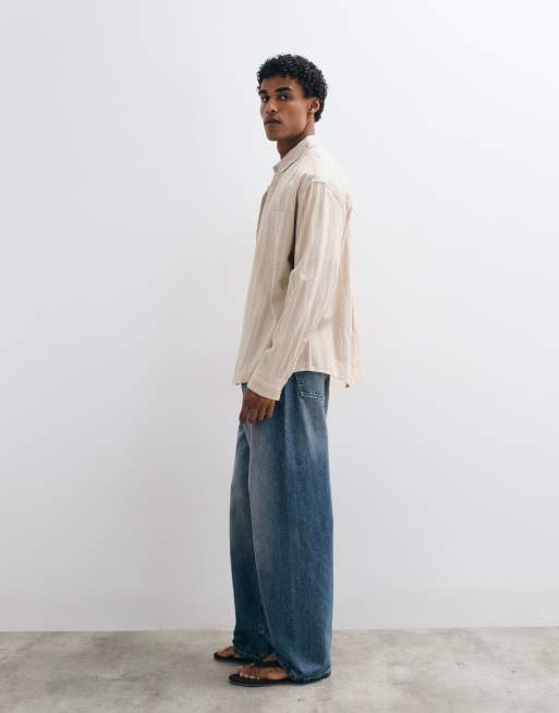 ASOS DESIGN oversized linen look stripe shirt in beige, 5 of 5
