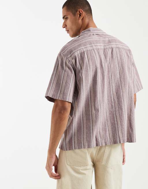 ASOS DESIGN oversized linen look stripe shirt in brown, 4 of 5
