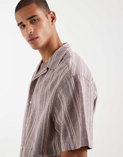ASOS DESIGN oversized linen look stripe shirt in brown, 5 of 5