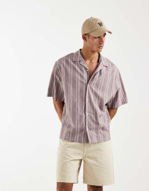ASOS DESIGN oversized linen look striped shirt in brown - view 1