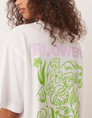 Asos Design Oversized Linen Look T-shirt With Flower Shop Graphic-white