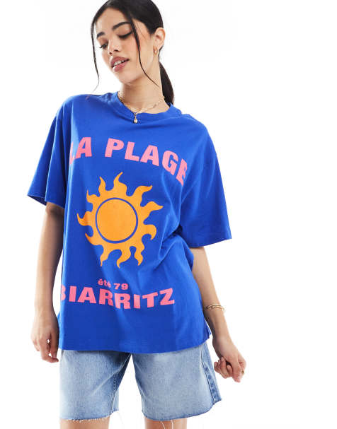 ASOS DESIGN oversized linen look t-shirt with la plage sun graphic in blue - view 1