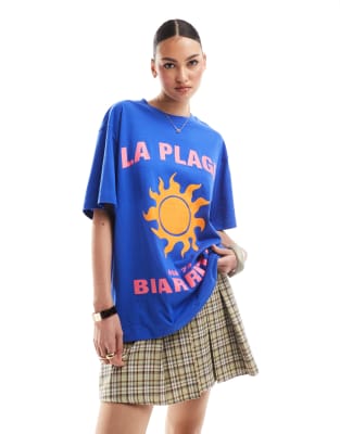 Asos Design Oversized Linen Look T-shirt With La Plage Sun Graphic