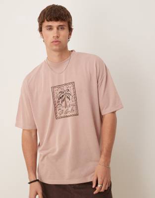 Asos Design Oversized Linen Look T-shirt With Palm Graphic