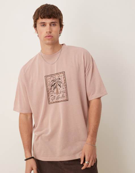 ASOS DESIGN oversized linen look t-shirt with palm graphic in dusty pink - view 1
